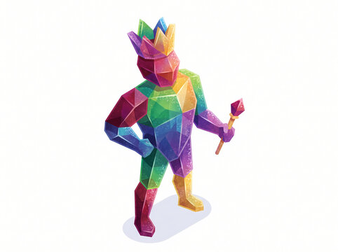 Colorful low poly crystal king mascot character holding royal scepter