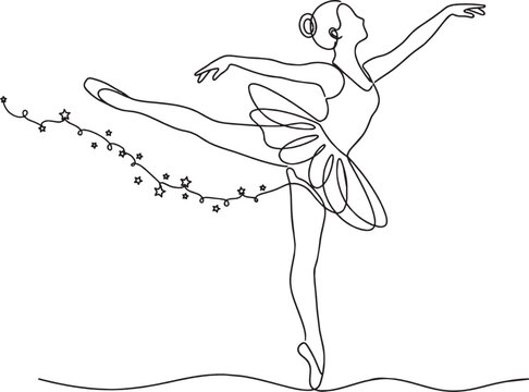 Continuous line drawing of a graceful ballerina dancing in a ballet pose isolated on transparent background, Vector