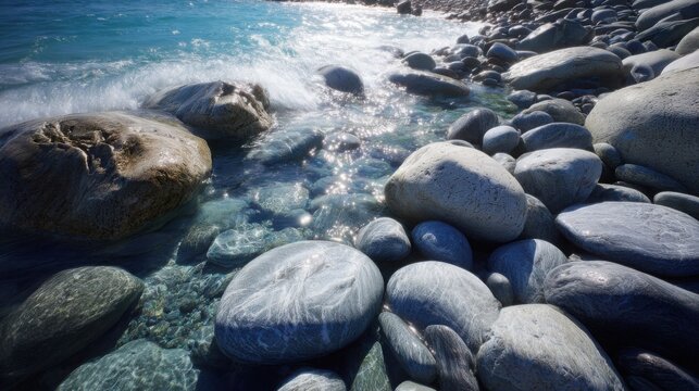 Clear Blue Water Gently Flowing Over Smooth Rounded Pebbles on a Rocky Shore