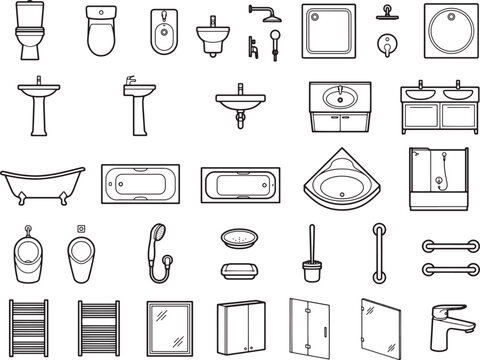 A collection of line art icons depicting various bathroom fixtures and accessories, including toilets, sinks, bathtubs, showers, and faucets, presented in a clean and organized layout.