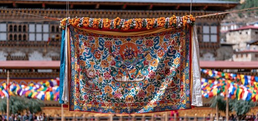Obraz premium Intricately woven silk tapestry featuring deity designs displayed during a colorful Bhutanese cultural festival.