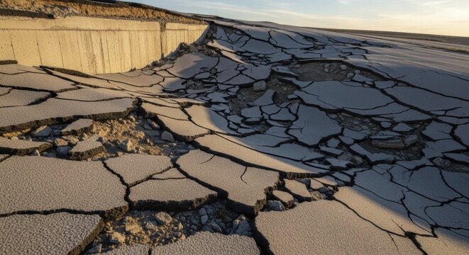 Cracked earth next to a concrete barrier under a clear sky creating a barren landscape, construction materials failure concept, AI generated