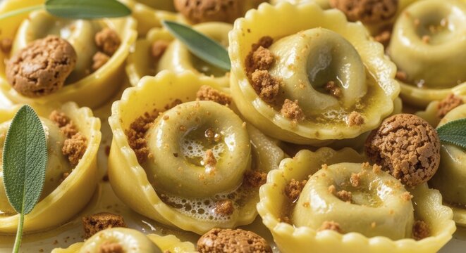 A detailed view of freshly made tortelli di zucca, a traditional Italian pasta dish, garnished with sage leaves and crumbled amaretti cookies, AI generated