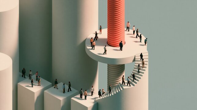 Isometric miniature world of a giant screw thread turning with a balanced wide composition, authentic lifestyle and wellbeing concept