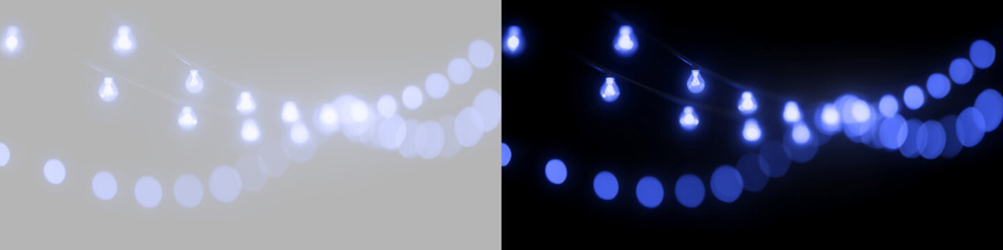 Garland lights with blurred bokeh effect. PNG Festive holiday garland decoration. Isolated on transparent background