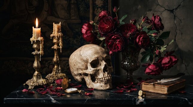 Baroque Vanitas Still Life with Skull Red Roses and Antique Candles