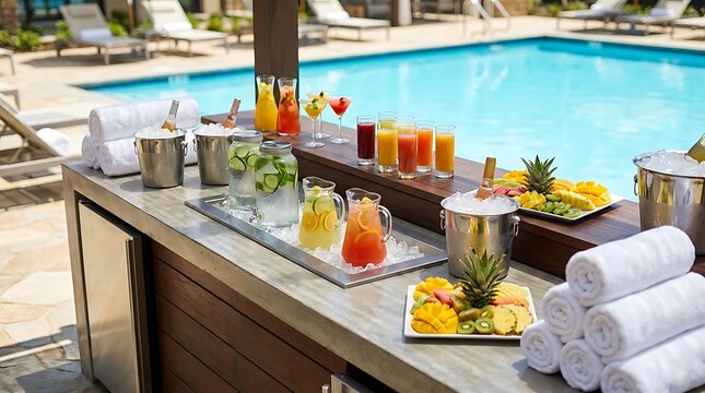 Fresh fruit drinks and cocktails served on a poolside bar counter at a luxury summer resort. alfresco drink corner