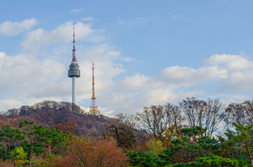 Obraz premium A communication and observation tower located on mountain in Korea. copy space