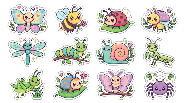 Kawaii garden insect sticker set, cute cartoon bug characters with white borders, 12 colorful vector illustrations for kids and scrapbooking