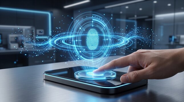 Fingerprint scan with glowing blue digital interface and a hand touching a tablet biometric identification recognition scanner technology verification security data