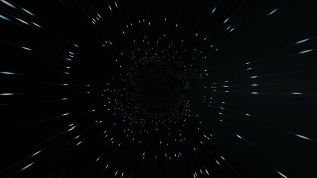 Abstract meteor shower light trails. Glowing particles moving through deep space tunnel.