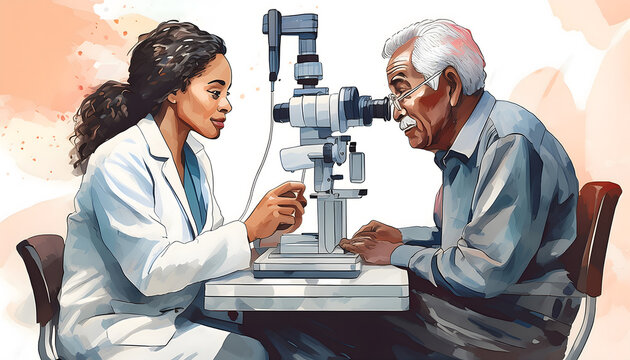 A doctor examining an elderly patient eyes with an ophthalmic device