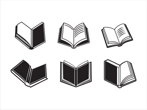 Set of six different open book illustrations in black and white