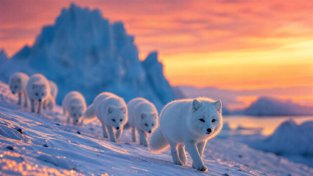 Arctic Foxes Journey at Sunset: A pack of white arctic foxes treks across a snow-covered landscape as the sun dips below the horizon, painting the sky with hues of orange and pink.