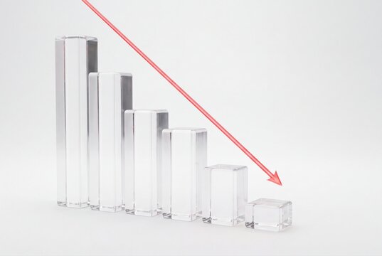 Financial crisis chart with glass bars and red arrow showing decline