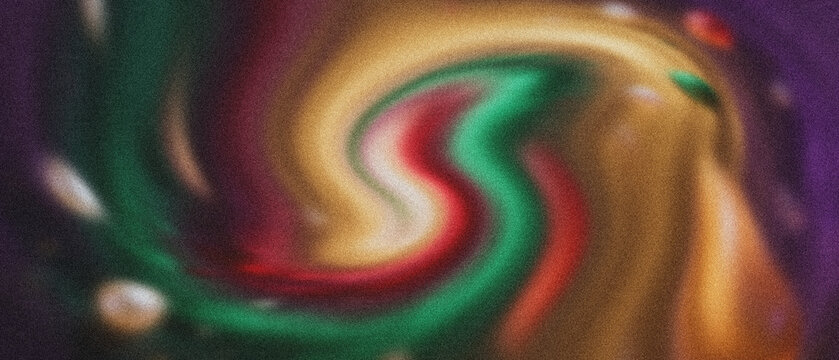 Abstract grainy swirl of rich emerald green, deep crimson, and lustrous golden pigments, elegantly merging with shadowy violet, perfect for unique