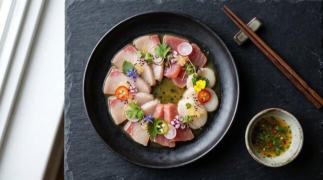 Fresh raw fish sashimi platter with edible flowers and radish slices served on a black plate. culinary fusion ideas