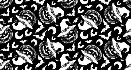 Naklejka premium Bold black and white seamless Halloween pattern with witch hat pumpkins, flying bats, crescent moons and ghost silhouettes. Dramatic gothic style for fabric, wrapping paper and party design.