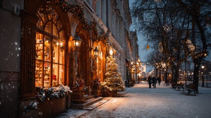 Fototapeta premium Christmas decorated shop window with glowing lights on snowy city street at evening. Store facade Xmas tree, gifts, festive garlands 