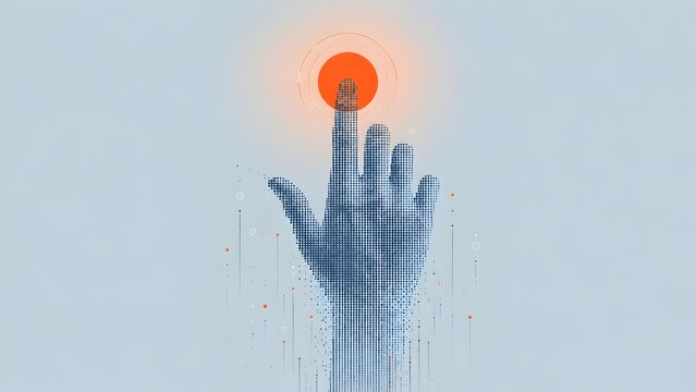 Abstract digital technology concept with pixelated hand pointing and interacting with glowing circular target representing artificial intelligence interface