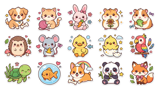 Kawaii pet animal stickers, 15 cute cartoon baby animals collection, adorable hand drawn doodle characters for kids stationery and nursery decor