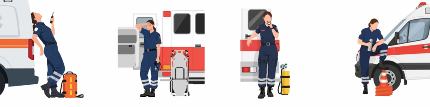 Flat vector illustrations of female emergency medical technicians in various poses with an ambulance, stretcher, and other medical equipment.