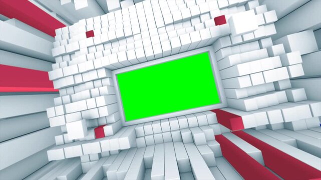 3D Cube Studio Virtual Stage - Modern White Geometric Broadcast Newsroom Background with Green Screen Frame