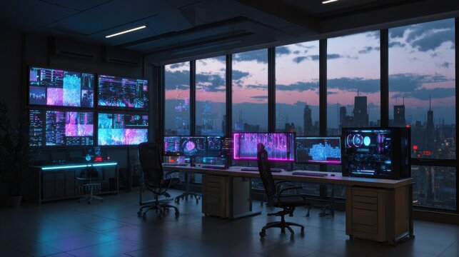 Cyberpunk computer lab with multiple monitors displays abstract data visualizations. Room has neon lighting
