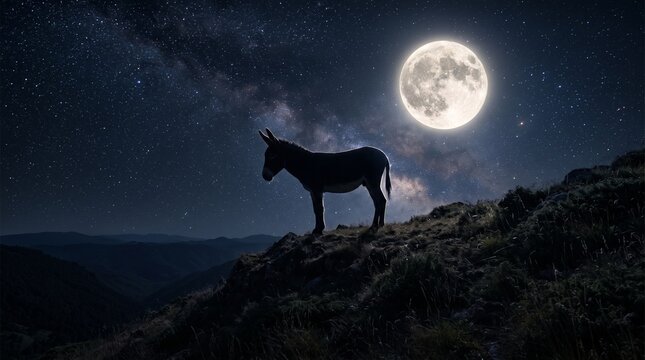 Majestic Silhouette of donkey Standing on Ridge under Glowing Full Moon and Starry Sky