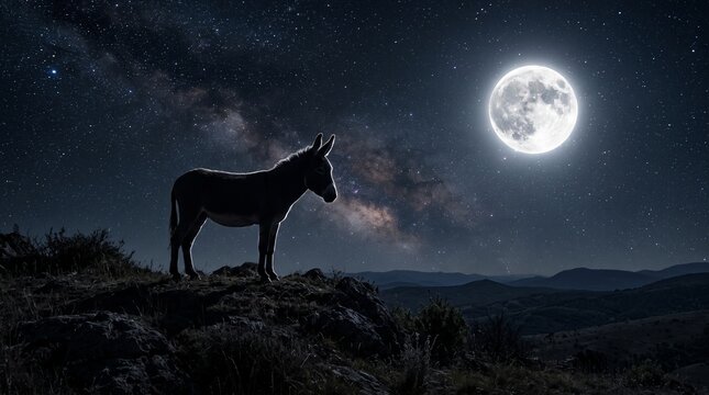 Full Moon Night Silhouette of donkey on Hilltop against Starry Milky Way Sky, Mystical Scene
