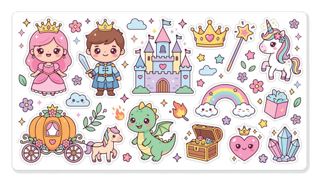 Kawaii fairytale sticker set, cute princess and prince characters, magical castle and dragon vector elements, pastel fantasy kingdom illustrations