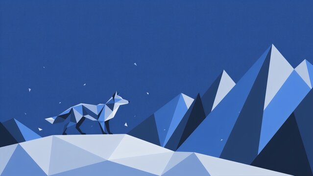 Low poly vector illustration of a wolf walking across snowy mountains with composition background minimalist silhouette landscape geometric with polygonal