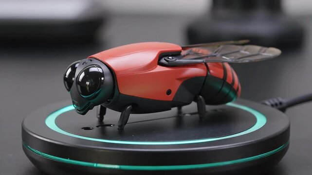 Robotic bee drone charging on a glowing wireless power pad. 4K Video