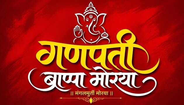 Marathi calligraphy text " Ganpati Bappa Morya" means My Lord Ganesha.