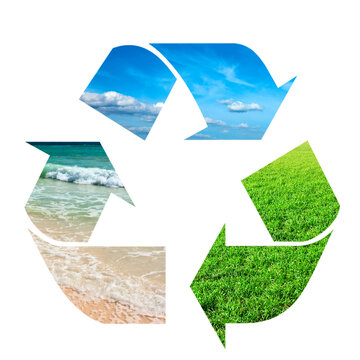 Recycling symbol made of sky, grass and water on white backdrop