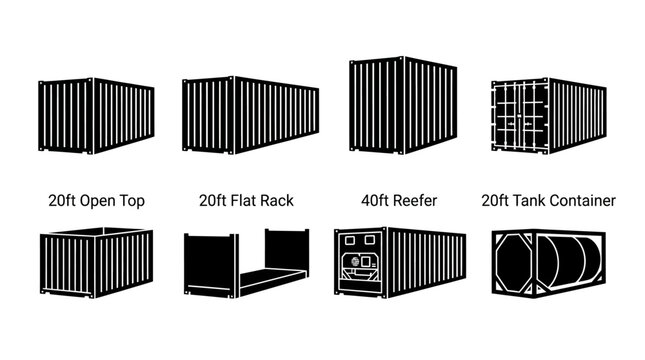 Shipping container vector set, industrial cargo freight icons including open top and flat rack, 8 logistics transport container types for global trade