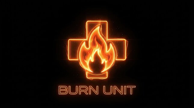 Glowing Burn Unit Logo Icon Design. Medical Cross and Fire Emblem on Black Background. Emergency
