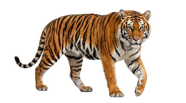 Siberian tiger walking on white background, majestic Bengal tiger with orange and black stripes, wild exotic cat isolated on white