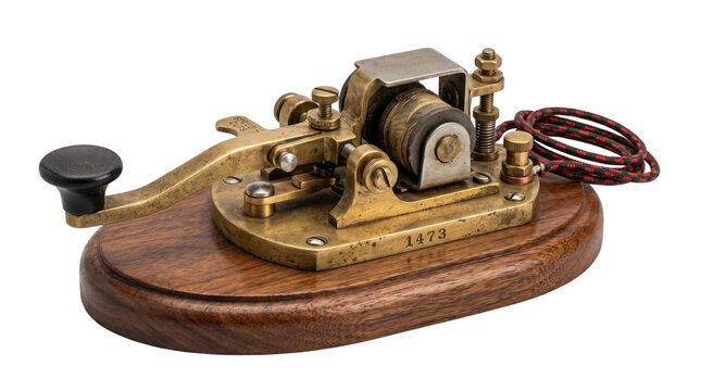 Vintage brass telegraph key on wooden base, antique morse code transmitter from 1873, retro telecommunication hardware for historical exhibits