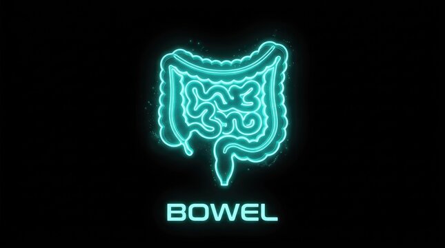 Neon Bowel and Intestine Digital Illustration. Glowing Human Digestive System Medical Concept.