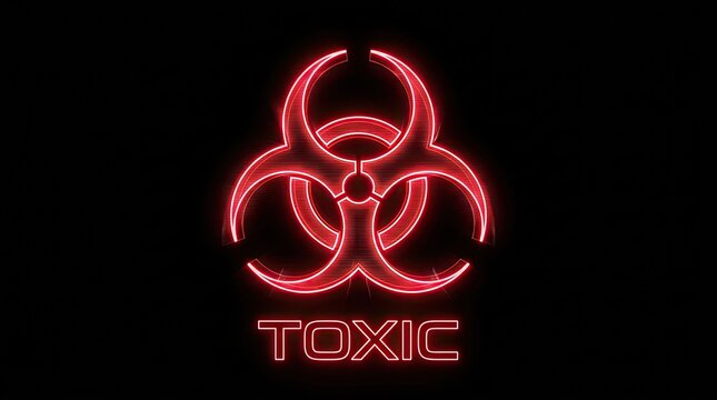 Glowing red neon toxic biohazard symbol. Futuristic danger warning sign illustration.
