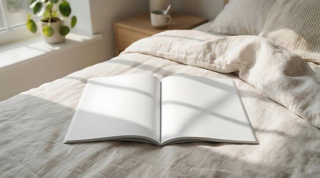 An open book lies on a neatly made bed, bathed in the soft, warm light of morning sunshine filtering through a nearby window