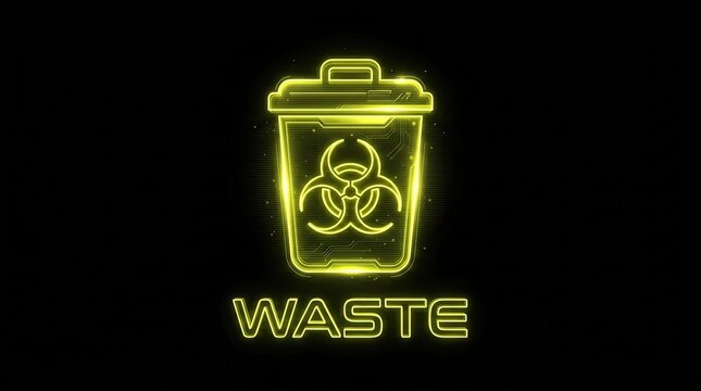 Glowing neon biohazard waste icon. Futuristic digital trash bin symbol.