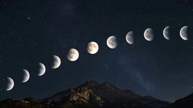 Full lunar cycle showing all moon phases in the starry sky over a mountain peak landscape
