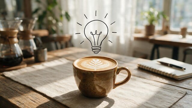 Cup of hot cappuccino with lightbulb icon representing creative spark and coffee inspiration in cozy cafe setting
