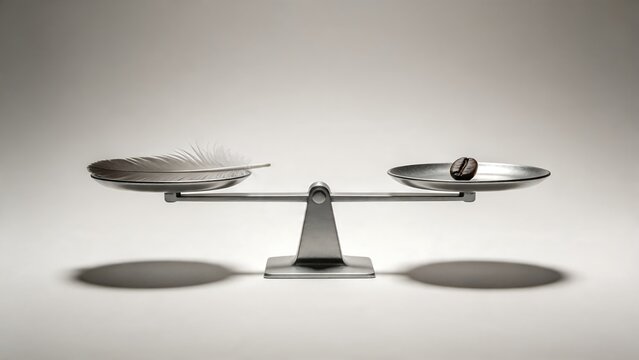 Conceptual image of a metal balance scale perfectly aligning a feather and a single coffee bean
