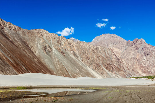 A sand dunes in Himalayas. Hunder, Nubra valley, Ladakh, India