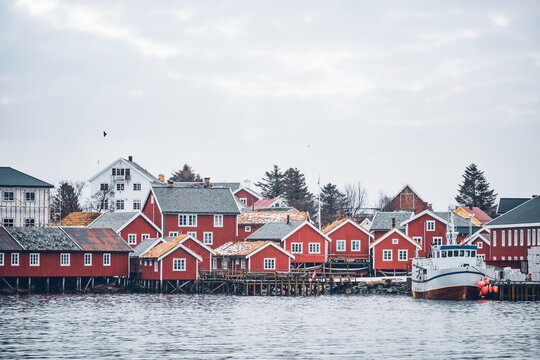 Scene featuring reine fishing village on Lofoten islands with red rorbu houses in winter with snow with fishing boats. Norway