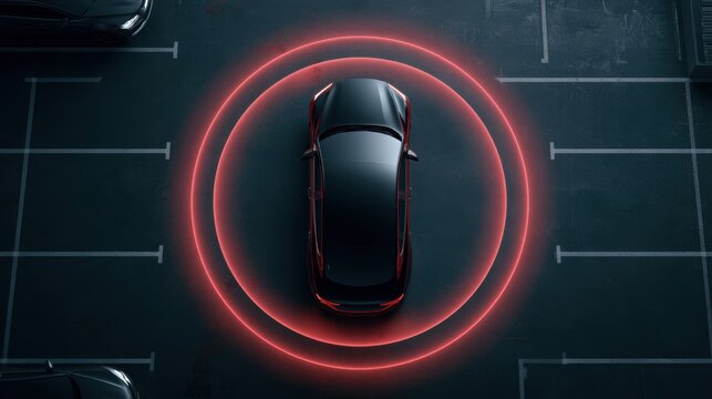 Top view of black car parked in empty parking lot with red glowing safety alert circles symbolizing advanced parking assistance technology and vehicle sensor system