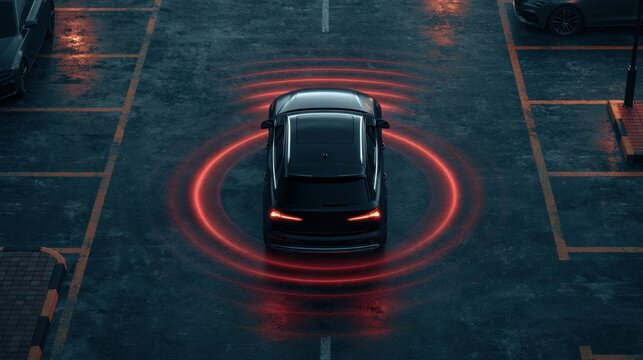 Top view of black futuristic car parked in empty lot surrounded by glowing red circular signal representing autonomous driving or advanced sensor system technology at night